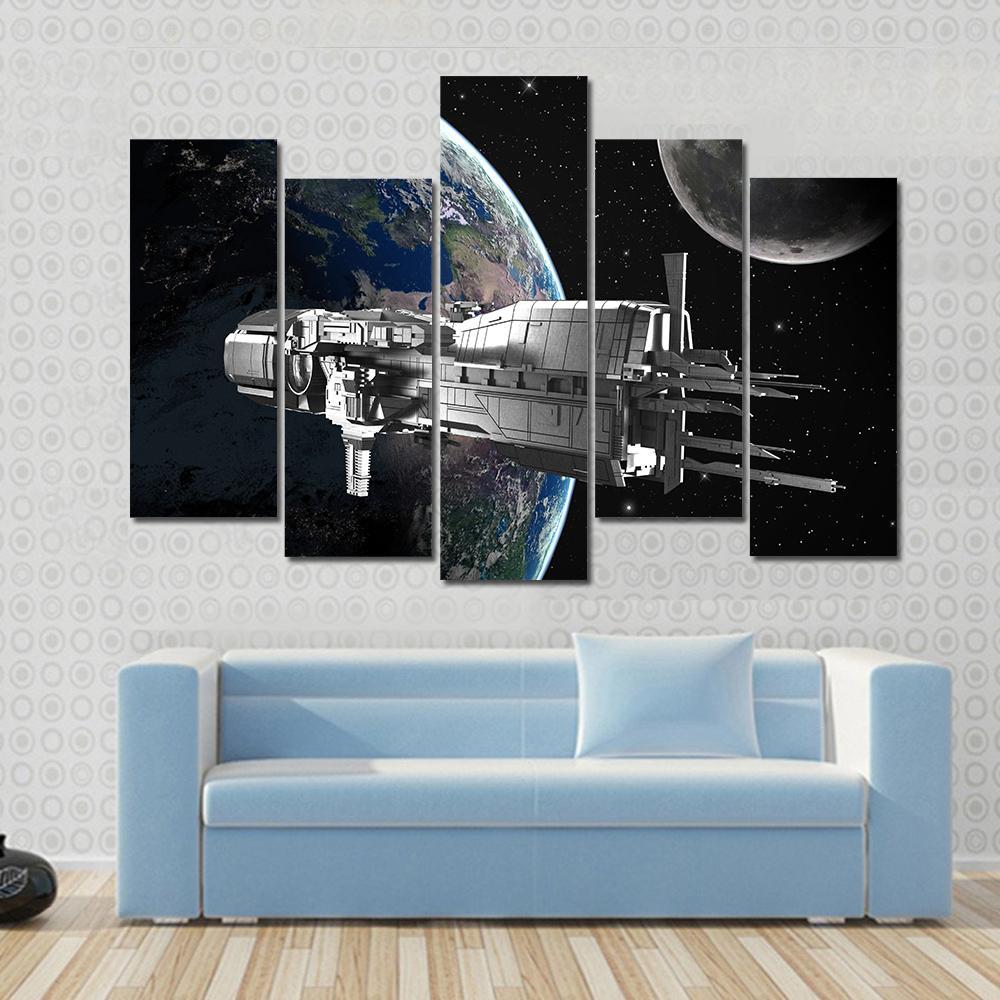 Spaceship In Front Of Moon And Earth Canvas Wall Art-5 Pop-Gallery Wrap-47" x 32"-Tiaracle