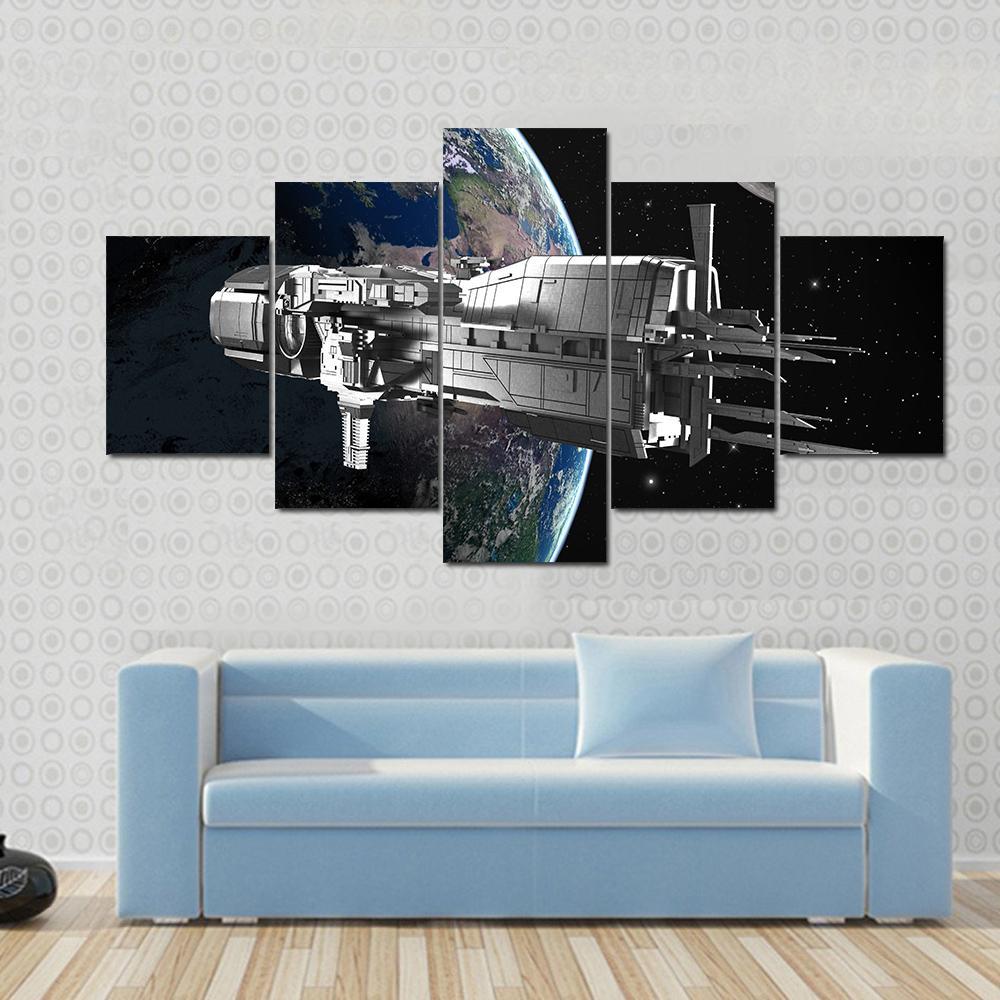 Spaceship In Front Of Moon And Earth Canvas Wall Art-5 Star-Gallery Wrap-62" x 32"-Tiaracle