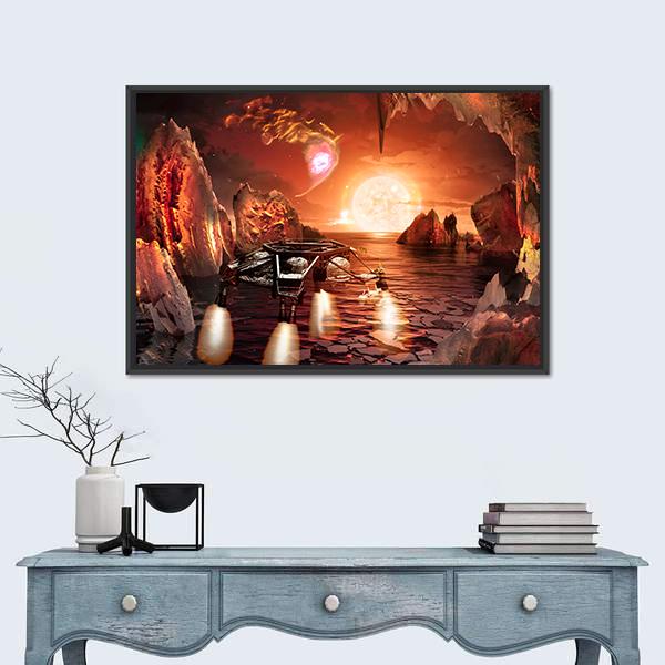 Spaceship Landing On Alien Planet Canvas Wall Art-1 Piece-Floating Frame-24" x 16"-Tiaracle