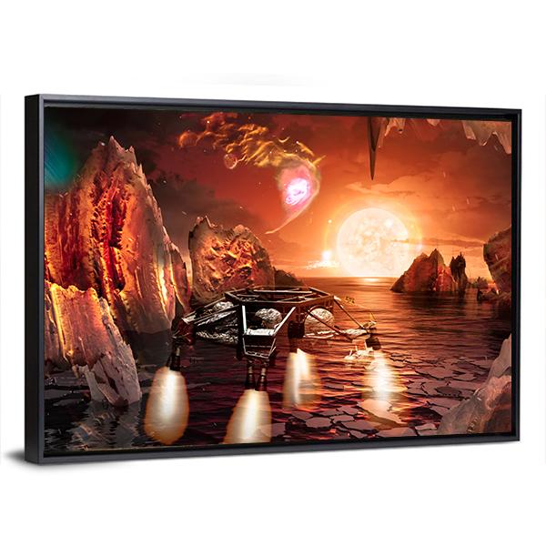 Spaceship Landing On Alien Planet Canvas Wall Art-3 Horizontal-Gallery Wrap-25" x 16"-Tiaracle