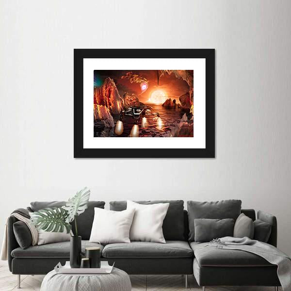 Spaceship Landing On Alien Planet Canvas Wall Art-3 Horizontal-Gallery Wrap-25" x 16"-Tiaracle