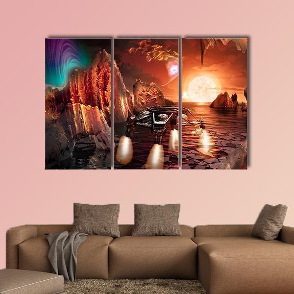 Spaceship Landing On Alien Planet Canvas Wall Art-3 Horizontal-Gallery Wrap-25" x 16"-Tiaracle