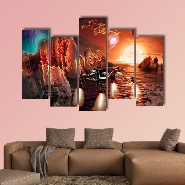 Spaceship Landing On Alien Planet Canvas Wall Art-5 Pop-Gallery Wrap-47" x 32"-Tiaracle
