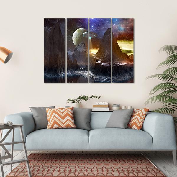 Spaceship Over Mountain Path Canvas Wall Art-4 Horizontal-Gallery Wrap-34" x 24"-Tiaracle