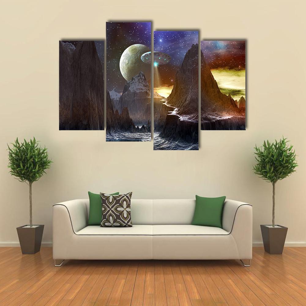 Spaceship Over Mountain Path Canvas Wall Art-4 Pop-Gallery Wrap-50" x 32"-Tiaracle