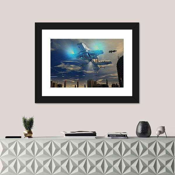 Spaceship UFO And City Canvas Wall Art-1 Piece-Framed Print-20" x 16"-Tiaracle