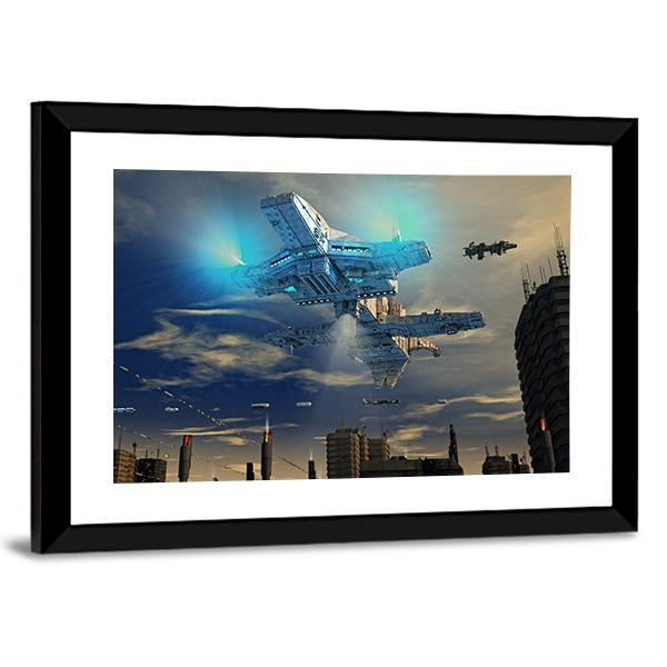 Spaceship UFO And City Canvas Wall Art-3 Horizontal-Gallery Wrap-25" x 16"-Tiaracle