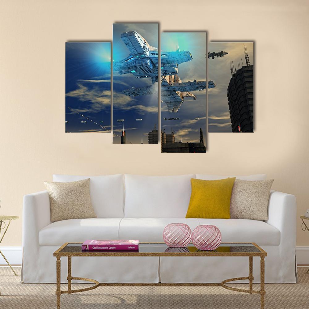 Spaceship UFO And City Canvas Wall Art-4 Pop-Gallery Wrap-50" x 32"-Tiaracle