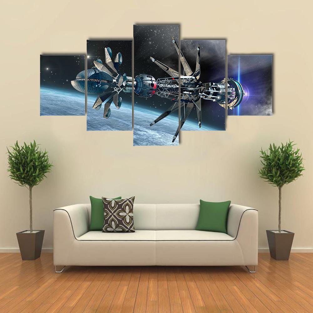Spaceship With Warp Drive Canvas Wall Art-5 Star-Gallery Wrap-62" x 32"-Tiaracle