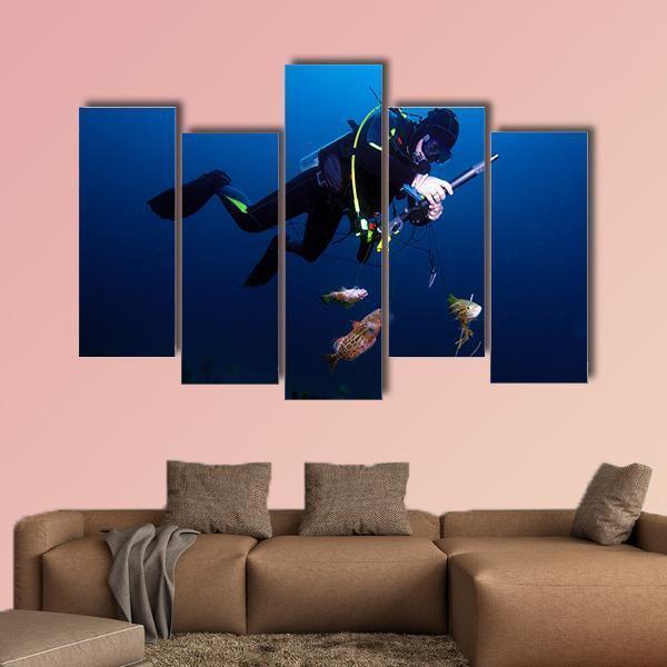 Spear Fisherman With Speargun Canvas Wall Art-5 Pop-Gallery Wrap-47" x 32"-Tiaracle