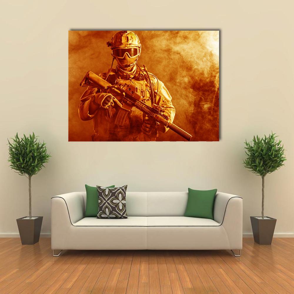 Special Forces Soldier With Rifle In Fire Canvas Wall Art-1 Piece-Gallery Wrap-36" x 24"-Tiaracle