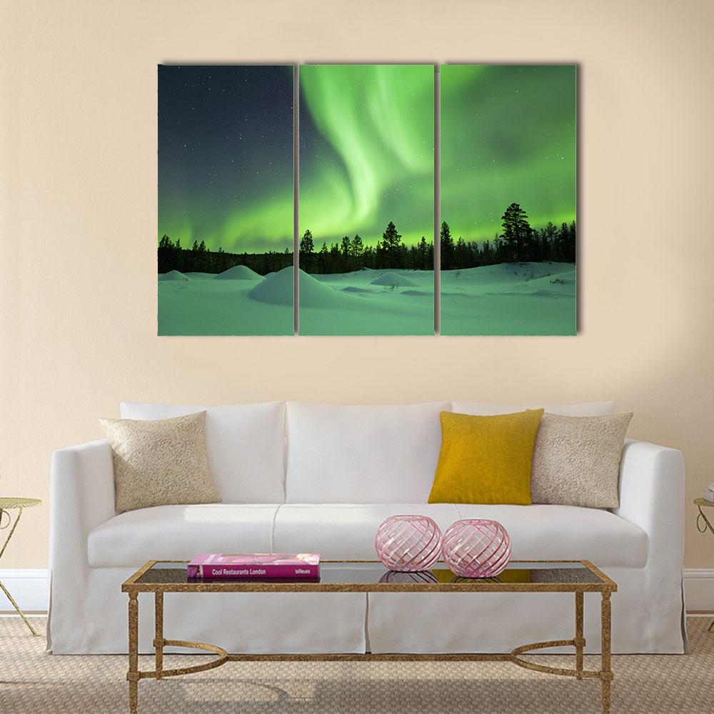 Spectacular Aurora Borealis Over Snowy Winter Landscape Canvas Wall Art-3 Horizontal-Gallery Wrap-25" x 16"-Tiaracle