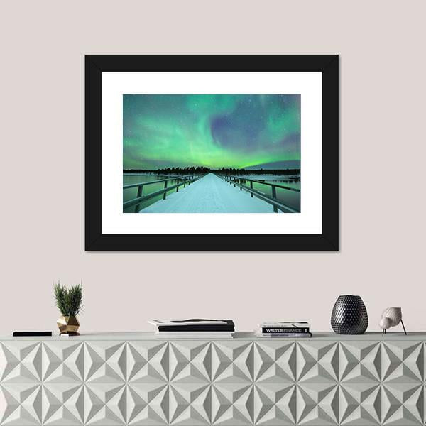 Spectacular Northern Lights Over Bridge And River Canvas Wall Art-1 Piece-Framed Print-20" x 16"-Tiaracle