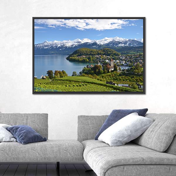 Spiez Castle In Switzerland Panoramic Canvas Wall Art-1 Piece-36" x 12"-Tiaracle