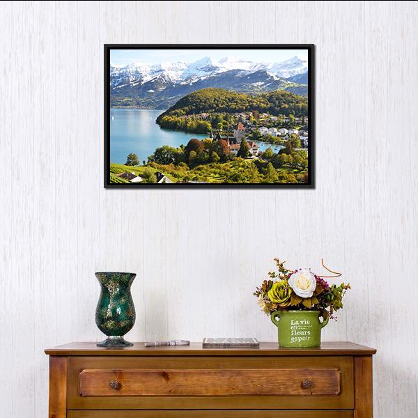 Spiez Castle Switzerland Canvas Wall Art-1 Piece-Floating Frame-24" x 16"-Tiaracle