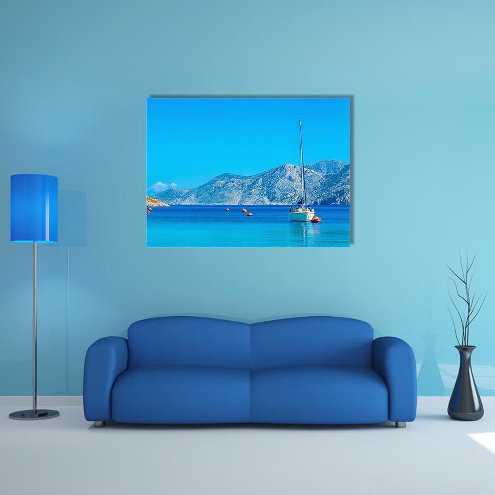 Sport Yacht In Silent Bay On Greek Island Canvas Wall Art-1 Piece-Gallery Wrap-48" x 32"-Tiaracle