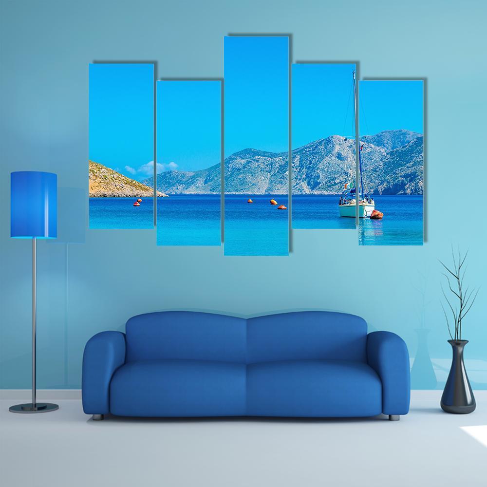Sport Yacht In Silent Bay On Greek Island Canvas Wall Art-5 Pop-Gallery Wrap-47" x 32"-Tiaracle