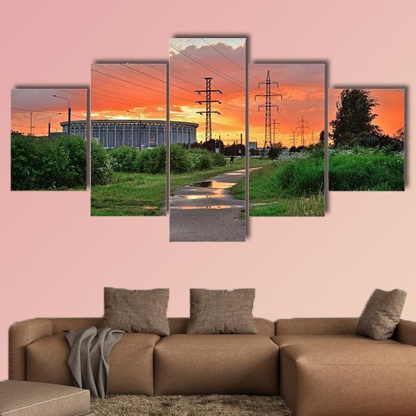 Sports And Concert Complex At Sunset Canvas Wall Art-5 Star-Gallery Wrap-62" x 32"-Tiaracle