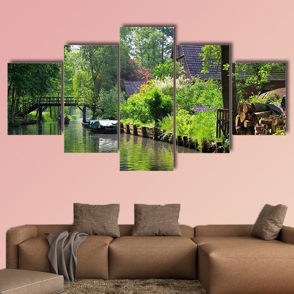 Spree Forest House On The Water Canvas Wall Art-5 Star-Gallery Wrap-62" x 32"-Tiaracle