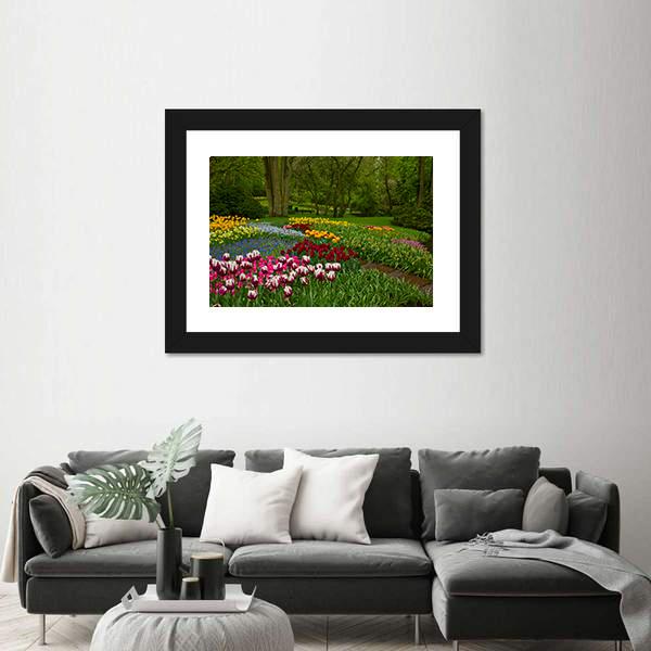 Spring Flowers And Blossom In Dutch Garden Keukenhof Canvas Wall Art-3 Horizontal-Gallery Wrap-25" x 16"-Tiaracle