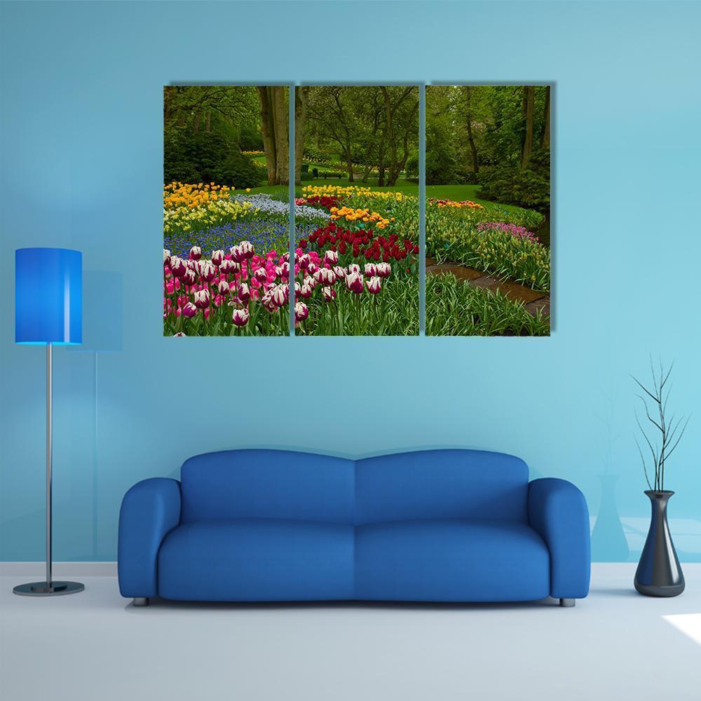 Spring Flowers And Blossom In Dutch Garden Keukenhof Canvas Wall Art-3 Horizontal-Gallery Wrap-37" x 24"-Tiaracle