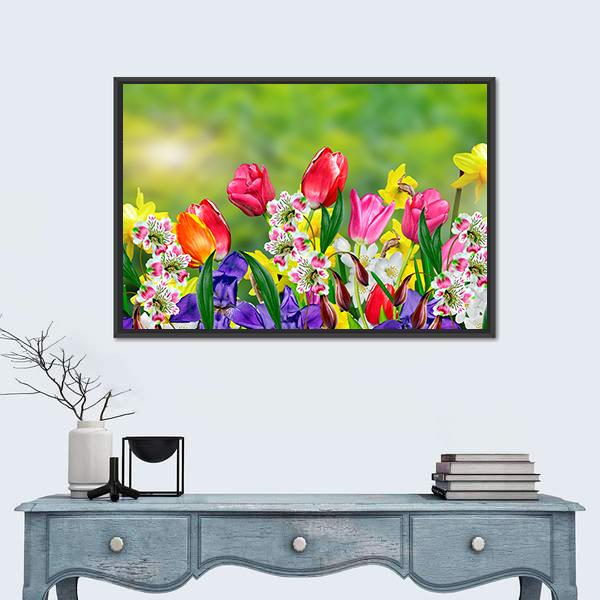Spring Flowers Daffodils And Tulips Canvas Wall Art-1 Piece-Floating Frame-24" x 16"-Tiaracle