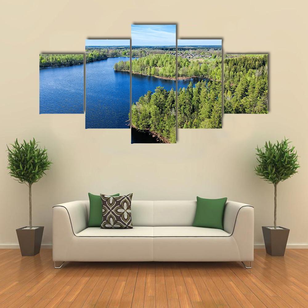 Spring Landscape Over Swedish Lake Canvas Wall Art-5 Star-Gallery Wrap-62" x 32"-Tiaracle