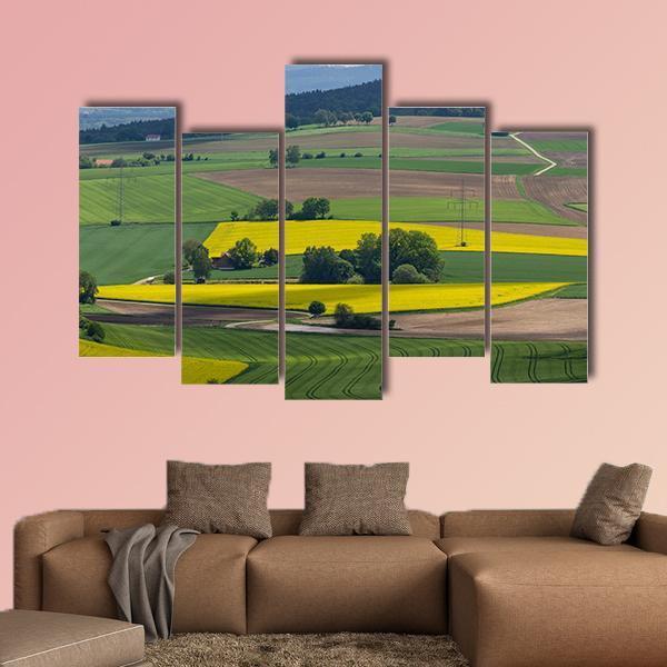 Spring Landscape With Canola Fields In Bavaria Canvas Wall Art-5 Pop-Gallery Wrap-47" x 32"-Tiaracle