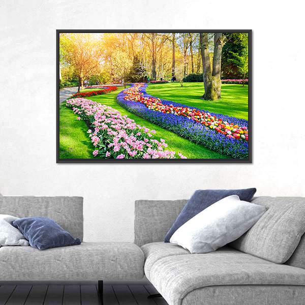 Spring Landscape With Multicolor Tulips Canvas Wall Art-3 Horizontal-Gallery Wrap-25" x 16"-Tiaracle