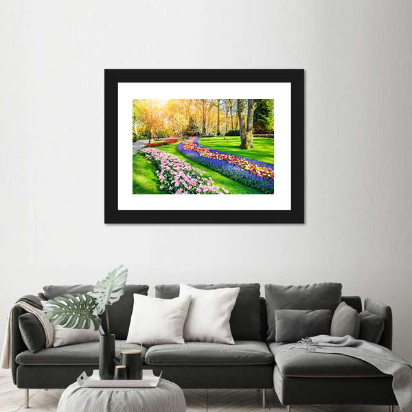 Spring Landscape With Multicolor Tulips Canvas Wall Art-3 Horizontal-Gallery Wrap-25" x 16"-Tiaracle