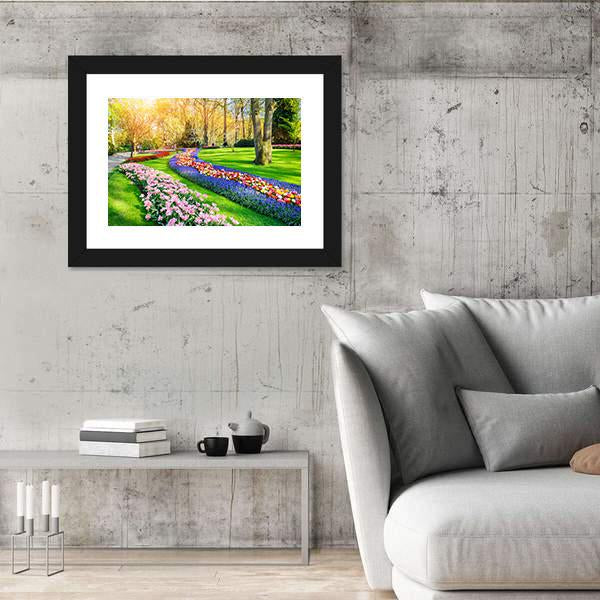 Spring Landscape With Multicolor Tulips Canvas Wall Art-3 Horizontal-Gallery Wrap-25" x 16"-Tiaracle