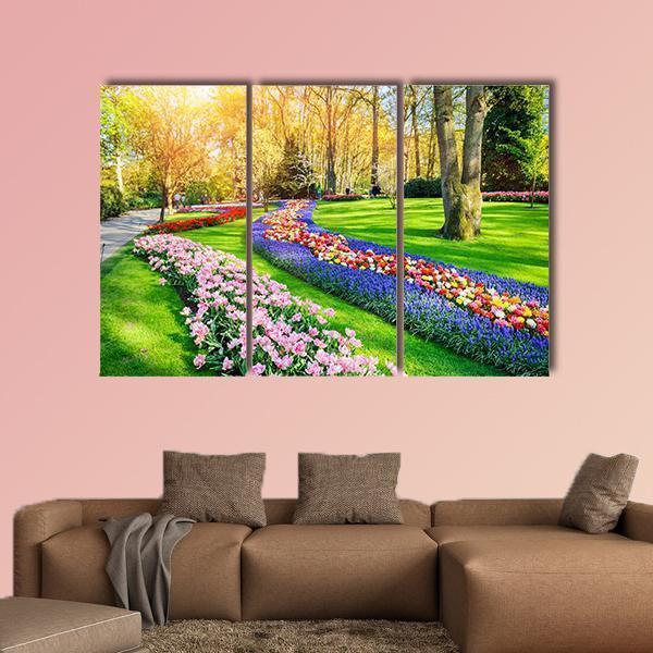 Spring Landscape With Multicolor Tulips Canvas Wall Art-3 Horizontal-Gallery Wrap-37" x 24"-Tiaracle