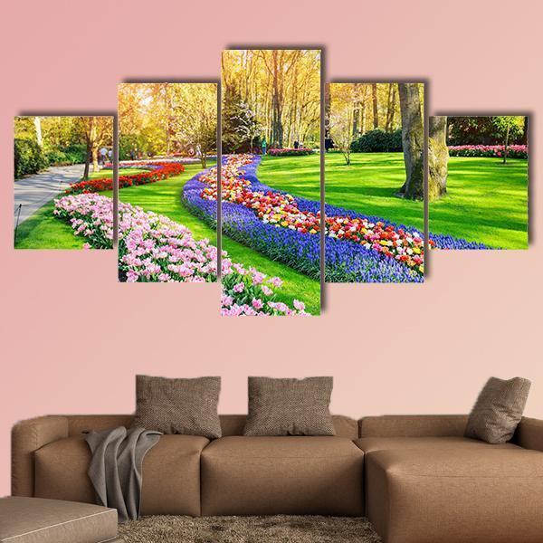 Spring Landscape With Multicolor Tulips Canvas Wall Art-5 Star-Gallery Wrap-62" x 32"-Tiaracle