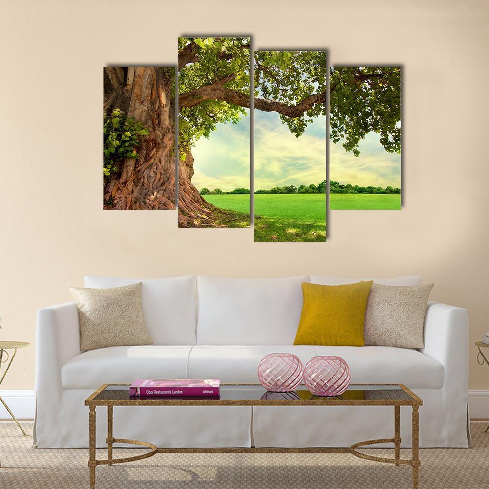 Spring Meadow With Big Tree Canvas Wall Art-4 Pop-Gallery Wrap-50" x 32"-Tiaracle