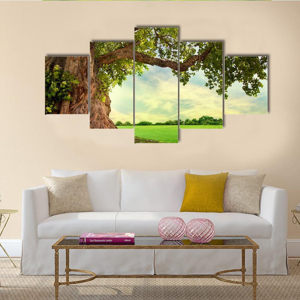 Spring Meadow With Big Tree Canvas Wall Art-5 Star-Gallery Wrap-62" x 32"-Tiaracle