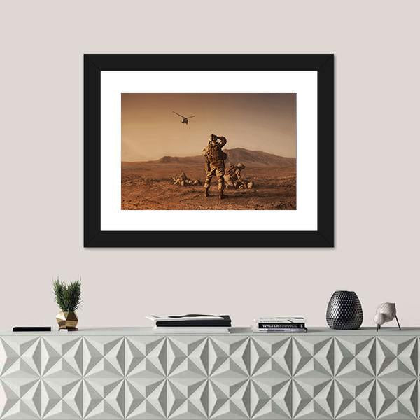 Squad Of US Marines Waiting For Medevac Bird Canvas Wall Art-1 Piece-Framed Print-20" x 16"-Tiaracle