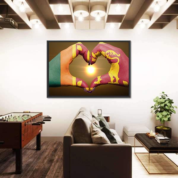 Sri Lankan Flag On Hands Canvas Wall Art-3 Horizontal-Gallery Wrap-25" x 16"-Tiaracle