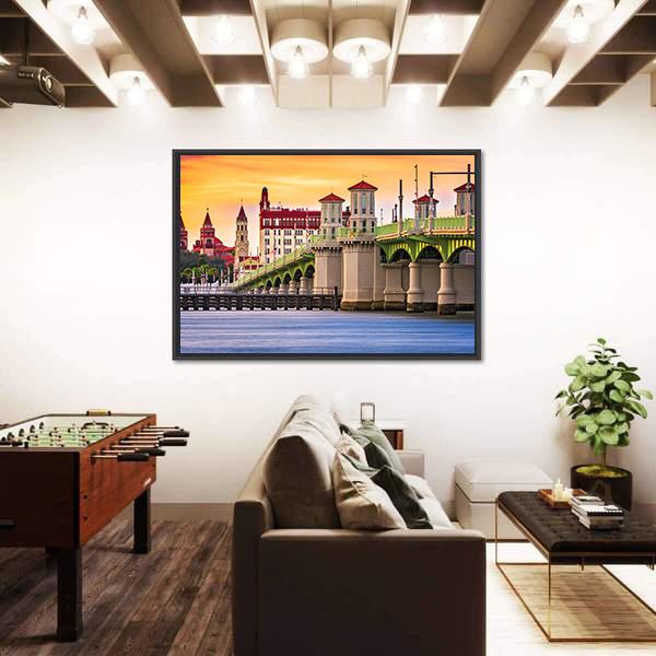 St. Augustine And Bridge Of Lions In Florida Canvas Wall Art-3 Horizontal-Gallery Wrap-25" x 16"-Tiaracle