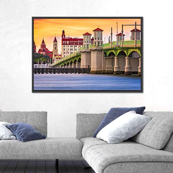 St. Augustine And Bridge Of Lions In Florida Canvas Wall Art-1 Piece-Floating Frame-24" x 16"-Tiaracle