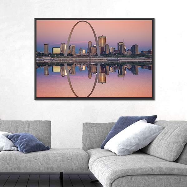 St Louis Skyline Along Mississippi River Canvas Wall Art-3 Horizontal-Gallery Wrap-25" x 16"-Tiaracle