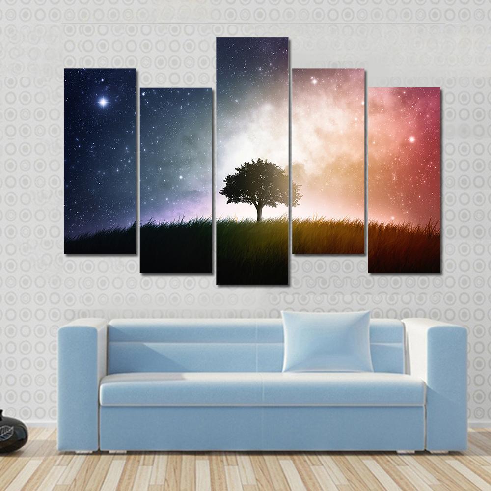 Star And Galaxies Behind The Tree Canvas Wall Art-5 Pop-Gallery Wrap-47" x 32"-Tiaracle