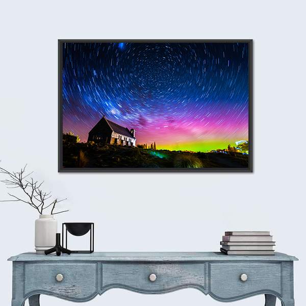 Star Trails And Aurora Light At Church Of Good Shepherd Canvas Wall Art-1 Piece-Floating Frame-24" x 16"-Tiaracle
