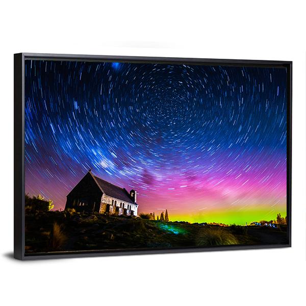 Star Trails And Aurora Light At Church Of Good Shepherd Canvas Wall Art-3 Horizontal-Gallery Wrap-25" x 16"-Tiaracle