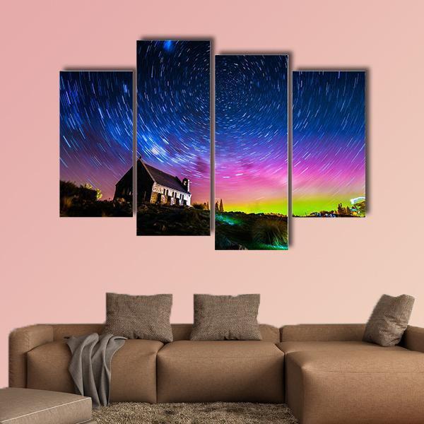Star Trails And Aurora Light At Church Of Good Shepherd Canvas Wall Art-4 Pop-Gallery Wrap-50" x 32"-Tiaracle