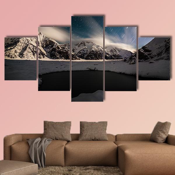 Star Trails And Small Lake with Snow Peaks Canvas Wall Art-5 Star-Gallery Wrap-62" x 32"-Tiaracle