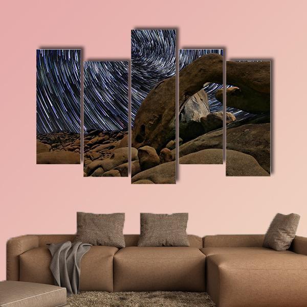 Star Trails In Joshua Tree National Park At The Arch Canvas Wall Art-5 Pop-Gallery Wrap-47" x 32"-Tiaracle