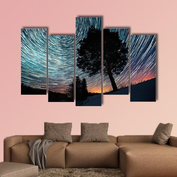 Star Trails And Pine Tree Canvas Wall Art-5 Pop-Gallery Wrap-47" x 32"-Tiaracle