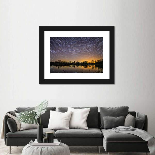 Star Trails With Reflection In Lake Canvas Wall Art-3 Horizontal-Gallery Wrap-25" x 16"-Tiaracle