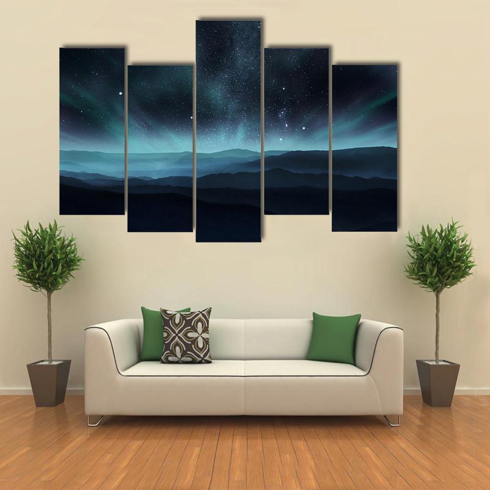 Starry Night Sky With Aurora Over Hills Canvas Wall Art-5 Pop-Gallery Wrap-47" x 32"-Tiaracle