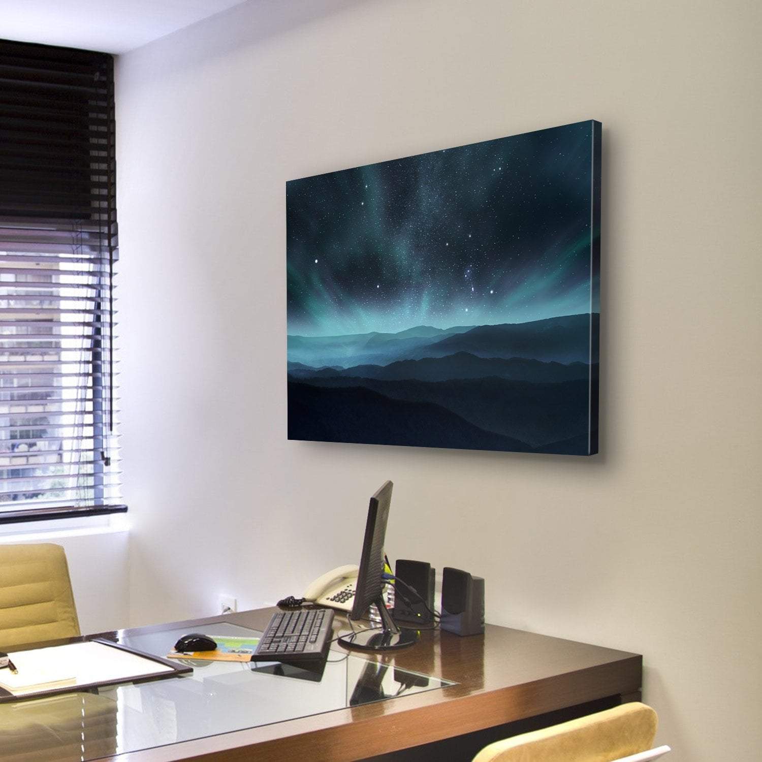 Starry Night Sky With Aurora Over Hills Canvas Wall Art-3 Horizontal-Gallery Wrap-25" x 16"-Tiaracle